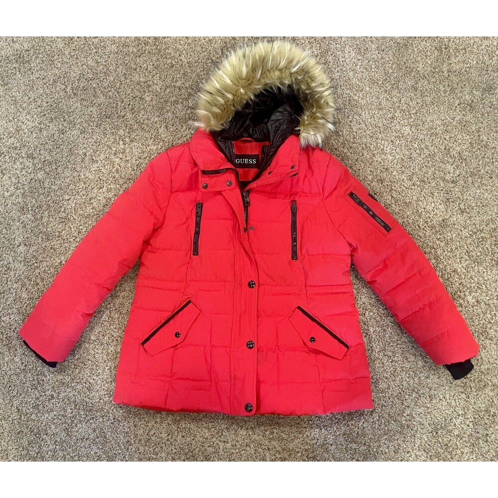 GUESS Womens Red Heavyweight Puffer Jacket Parka Coat Faux Fur Hood Size XL